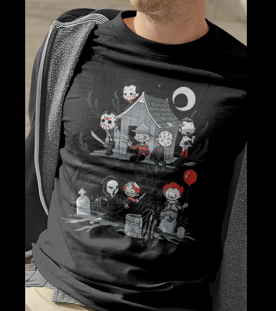 ShirtWoot Horror Clubhouse Icons In Treehouse With Figures And Moon T-Shirt