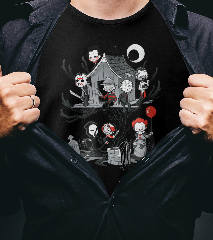 ShirtWoot Horror Clubhouse Icons In Treehouse With Figures And Moon T-Shirt