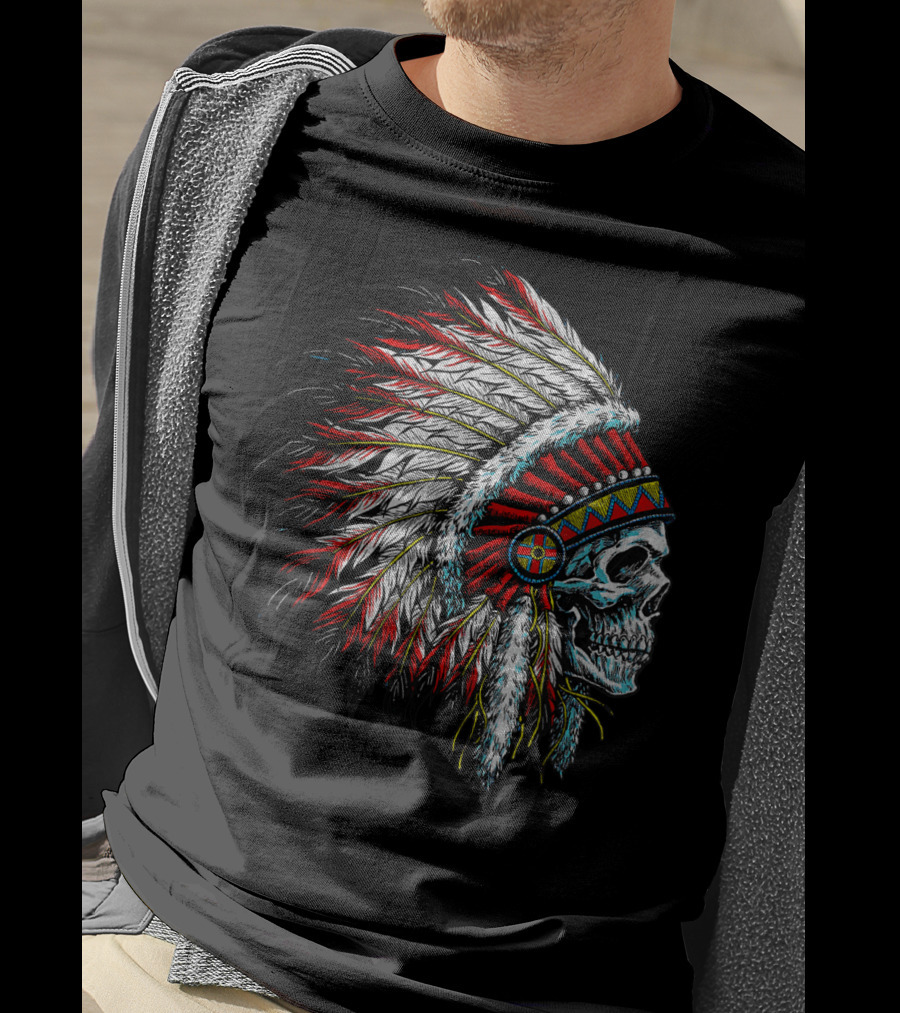 Skull Native Indian Chief Eagle Feather Headdress Vintage American T-Shirt