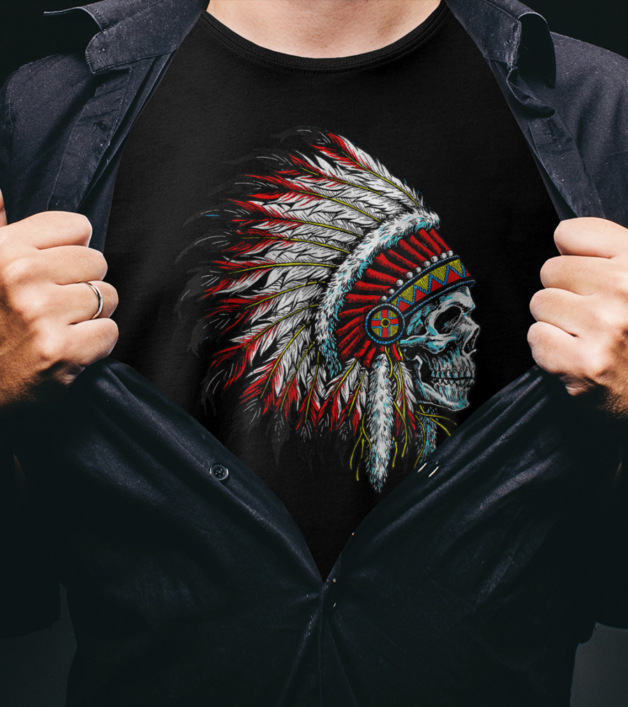 Skull Native Indian Chief Eagle Feather Headdress Vintage American T-Shirt