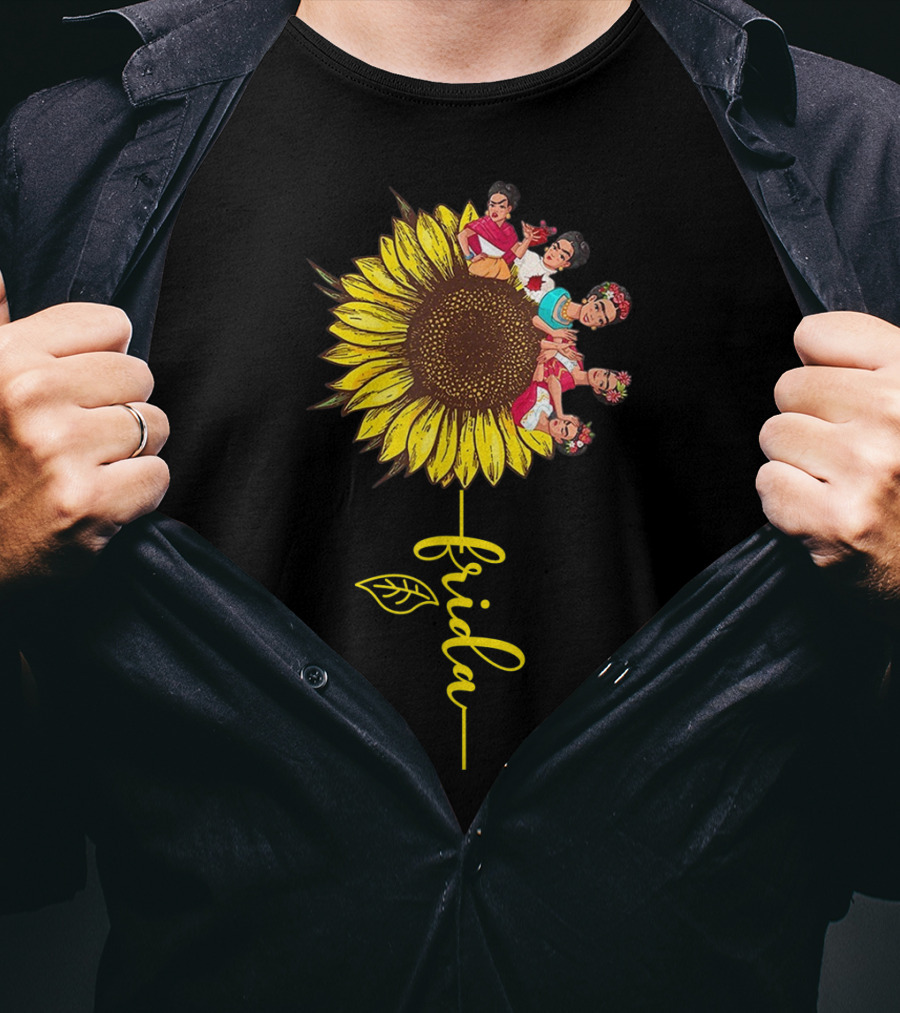 Frida Kahlo Sunflower Fusion With Colorful Floral Elements T-Shirt