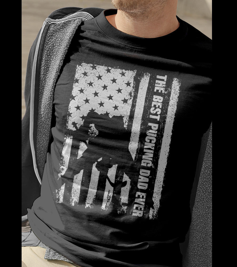 The Best Pucking Dad Ever Flag Hockey Silhouette Stars Stripes T-Shirt