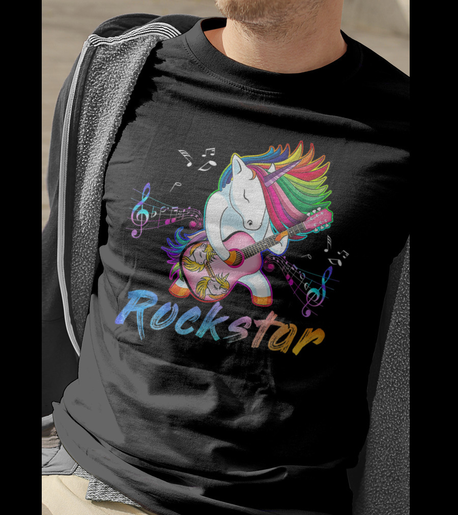 Unicorn Rockstar Rainbow Guitar Music Notes T-Shirt