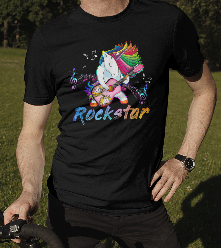 Unicorn Rockstar Rainbow Guitar Music Notes T-Shirt