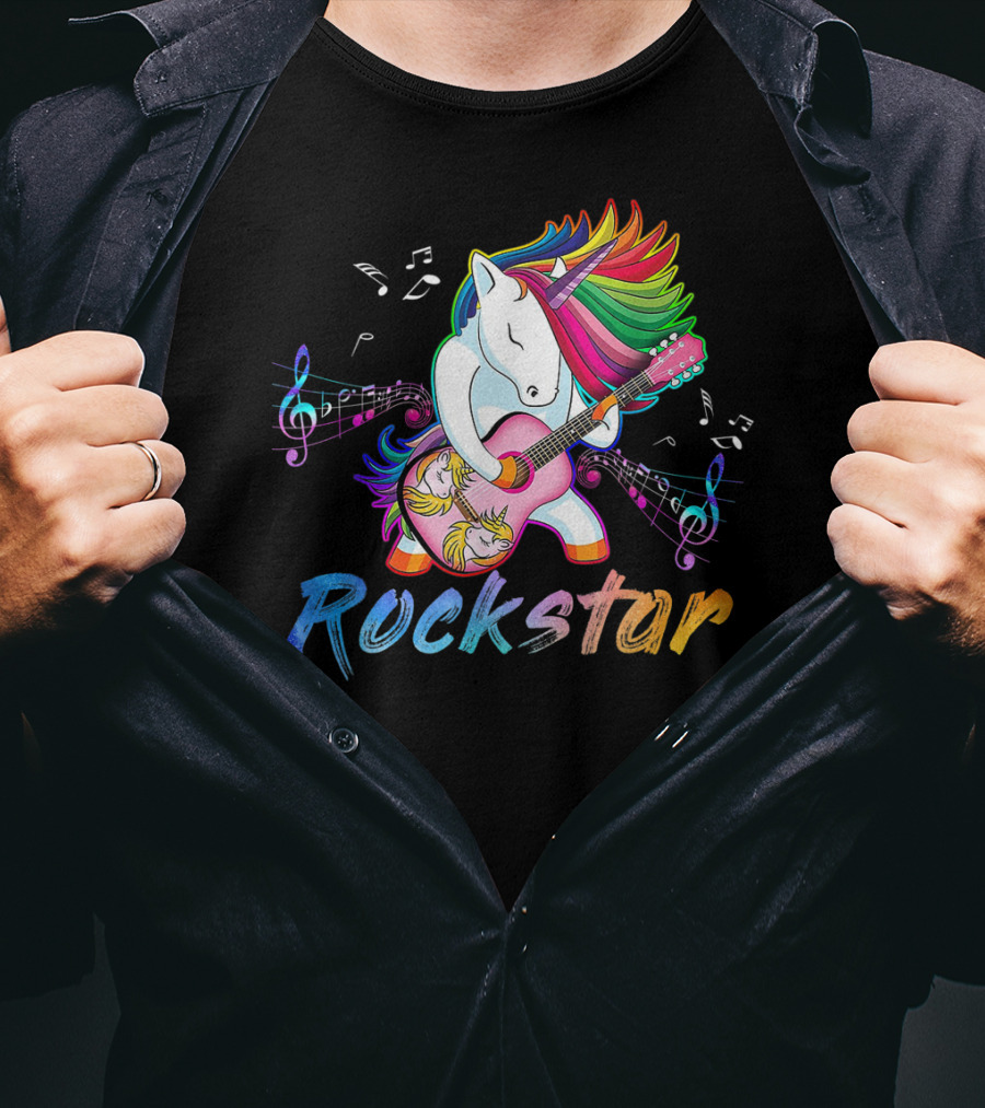 Unicorn Rockstar Rainbow Guitar Music Notes T-Shirt