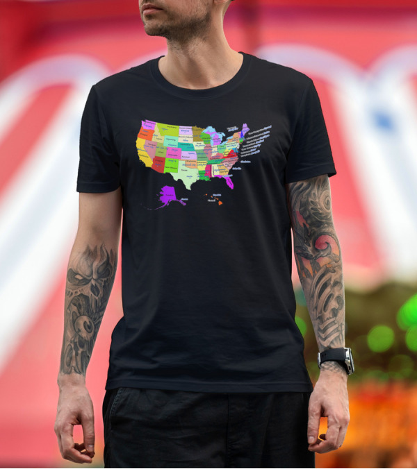 Premium T-Shirt: USA Map Displaying States and Capital Cities in Vibrant Colors T-Shirt USA Map Displaying States and Capital Cities in Vibrant Colors T-Shirt