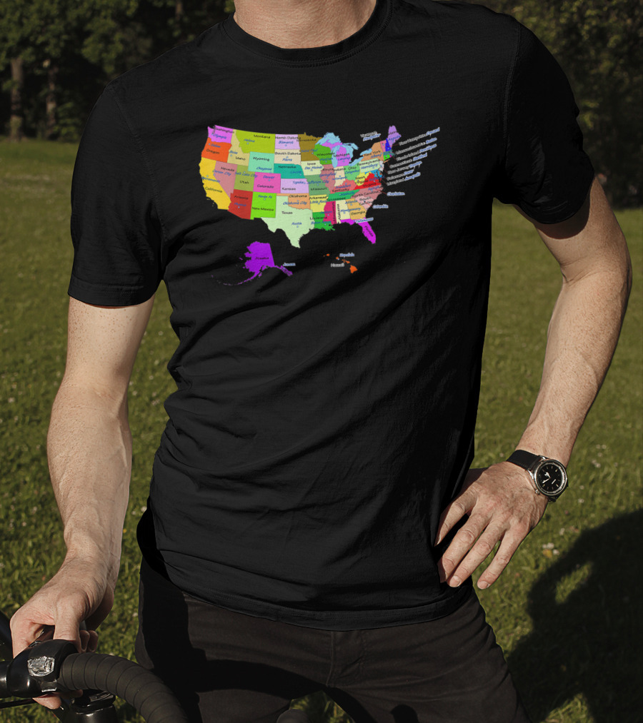USA Map Displaying States And Capital Cities In Vibrant Colors T-Shirt