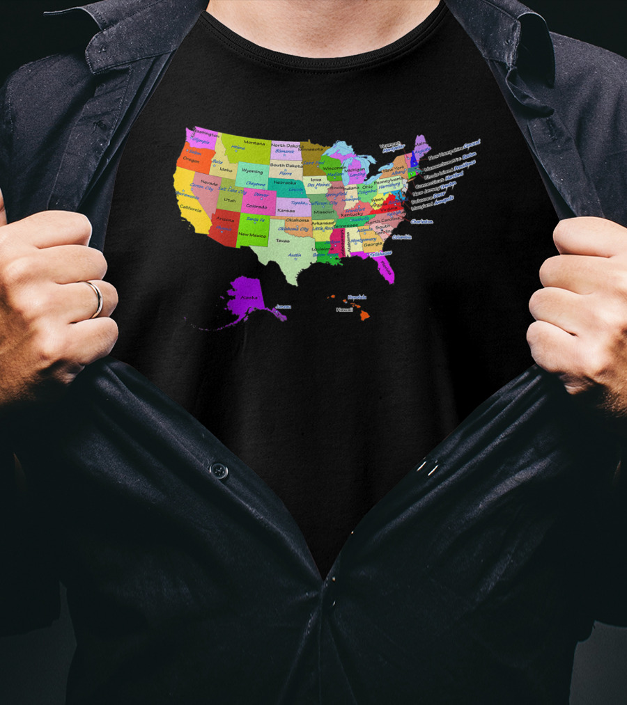 USA Map Displaying States And Capital Cities In Vibrant Colors T-Shirt