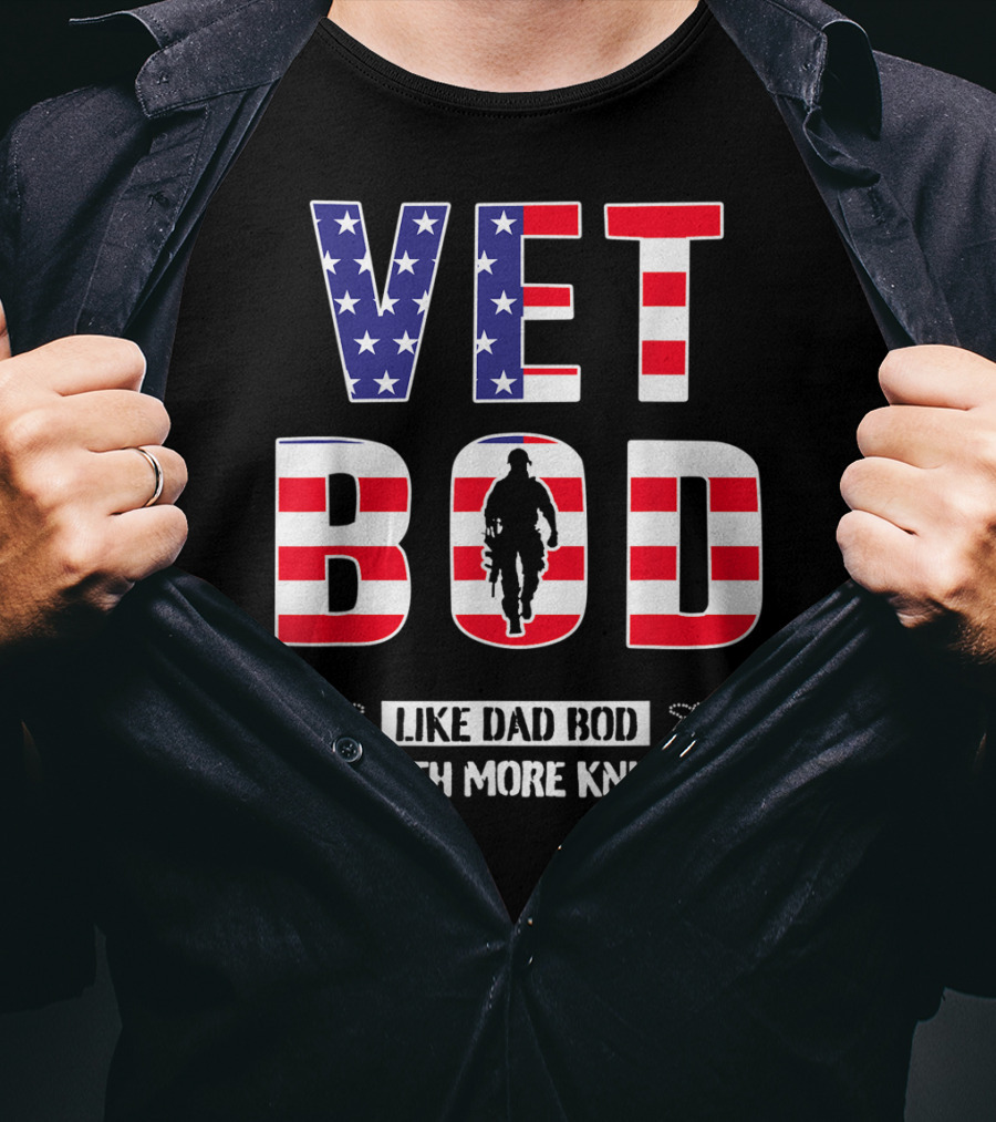 VET BOD Like Dad Bod But With More Knee Pain Veteran Silhouette USA Flag T-Shirt