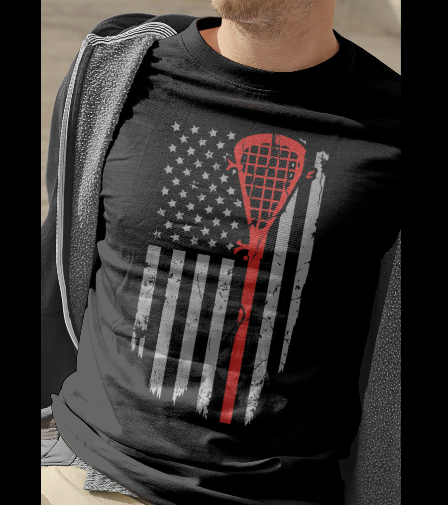 Vintage American Flag Lacrosse Stick Youth USA Patriotic T-Shirt