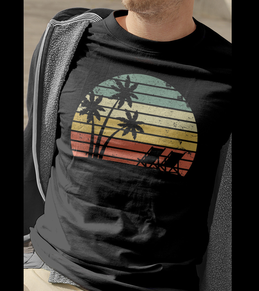 Retro Sunset Palm Trees With Beach Chair T-Shirt