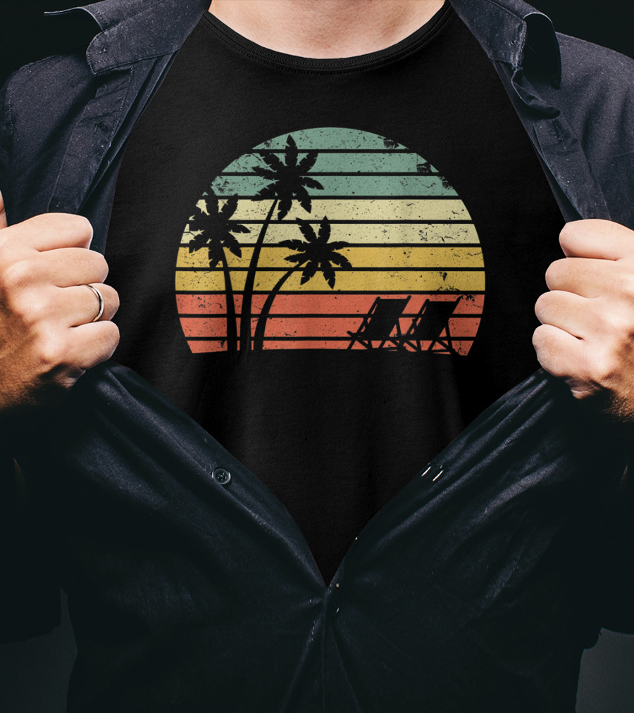 Retro Sunset Palm Trees With Beach Chair T-Shirt