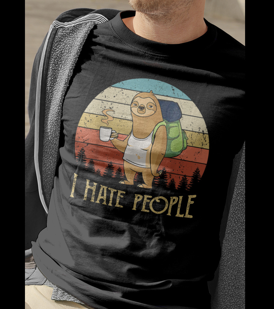 Vintage I Hate People Sloth Camping With Coffee And Backpack Retro Sunset Stripes T-Shirt