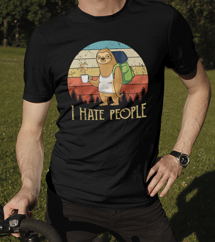 Vintage I Hate People Sloth Camping With Coffee And Backpack Retro Sunset Stripes T-Shirt