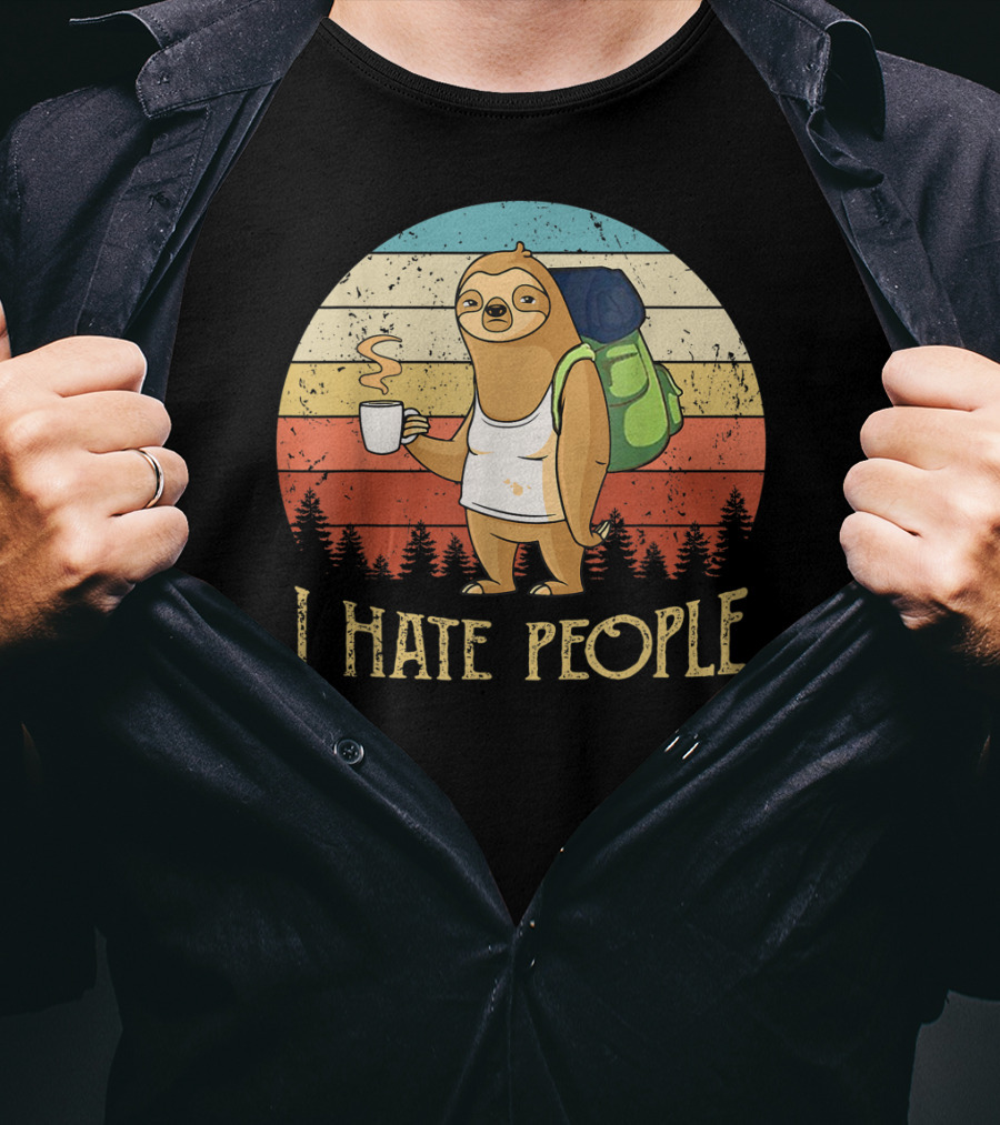 Vintage I Hate People Sloth Camping With Coffee And Backpack Retro Sunset Stripes T-Shirt