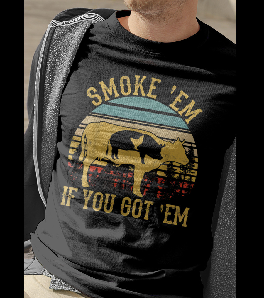 Smoke 'Em If You Got 'Em Vintage BBQ Grilling Cow Silhouette Retro Sunset T-Shirt