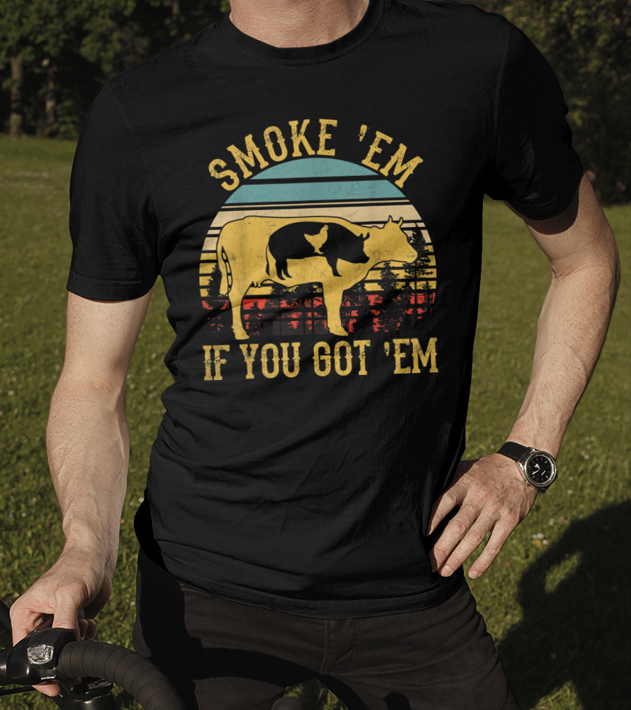 Smoke 'Em If You Got 'Em Vintage BBQ Grilling Cow Silhouette Retro Sunset T-Shirt