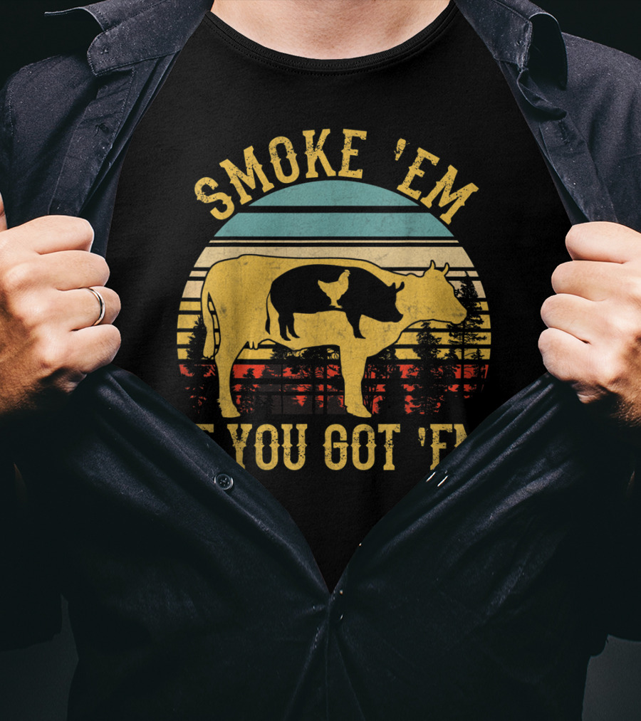 Smoke 'Em If You Got 'Em Vintage BBQ Grilling Cow Silhouette Retro Sunset T-Shirt