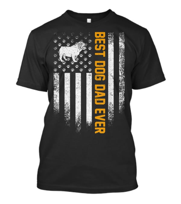 Best Dog Dad Ever Vintage USA Flag English Bulldog Paw Prints T-Shirt