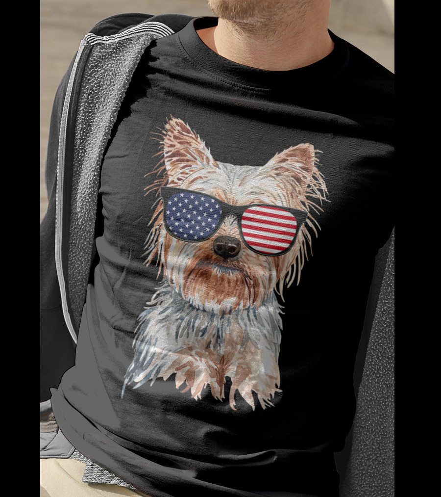 Yorkie Dog With American Flag Sunglasses Patriotic T-Shirt
