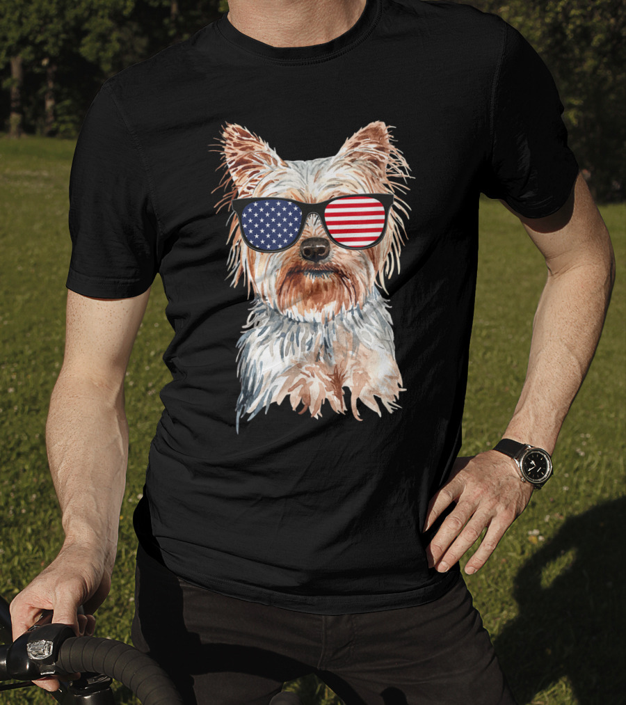 Yorkie Dog With American Flag Sunglasses Patriotic T-Shirt