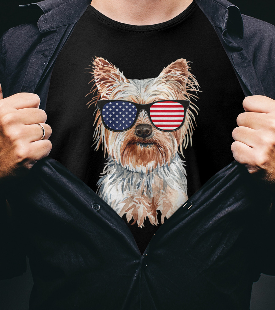 Yorkie Dog With American Flag Sunglasses Patriotic T-Shirt