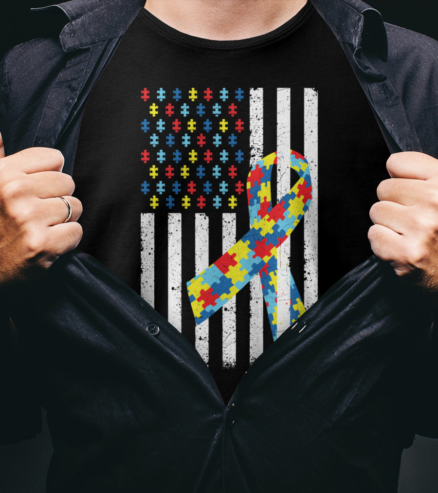 American Flag Jigsaw Puzzle Ribbon Autism Awareness T-Shirt