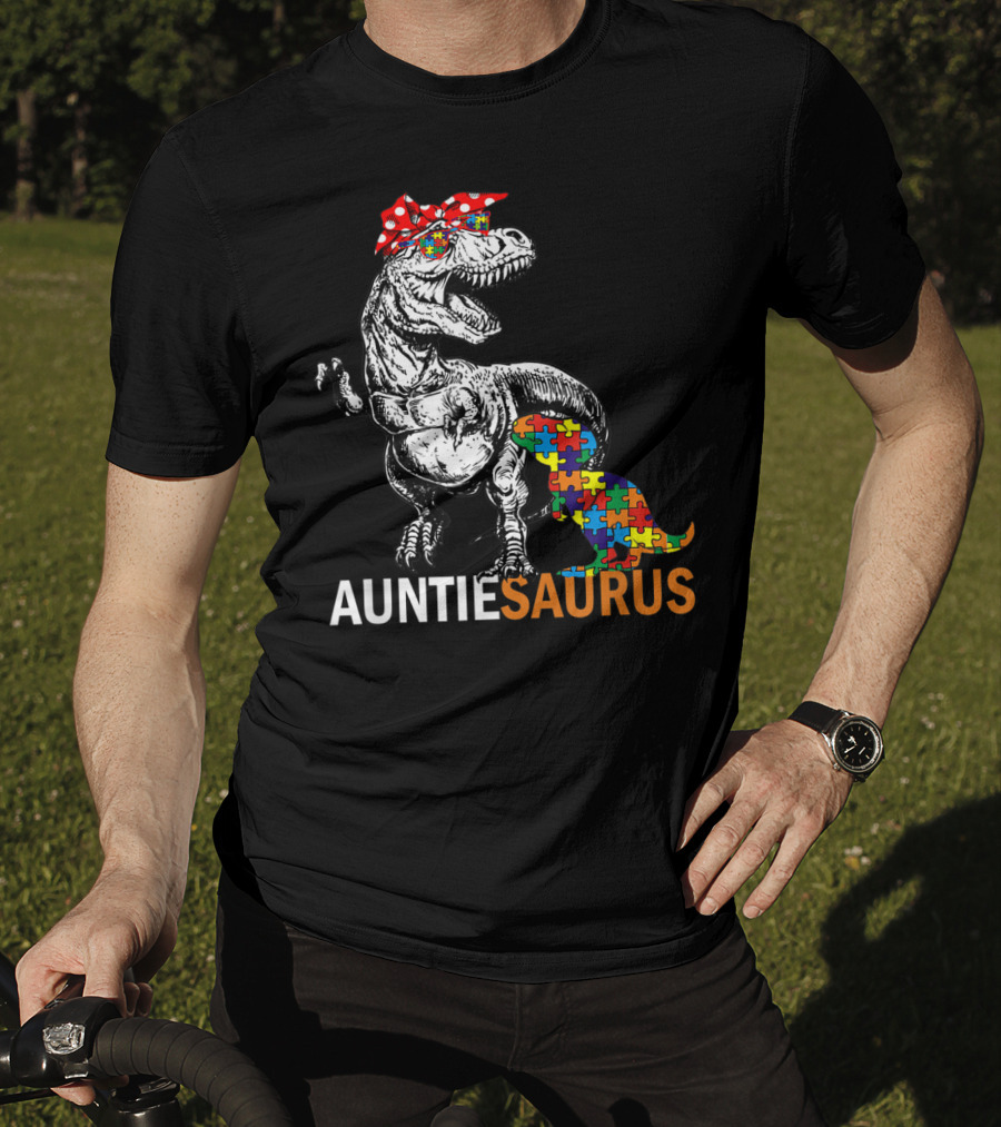 Auntie Saurus Autism Awareness Dinosaur With Puzzle Pieces And Bow T-Shirt