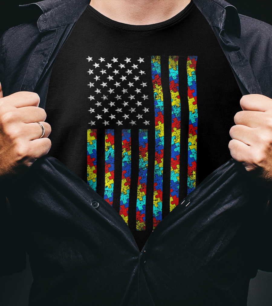 Autism Awareness Puzzle Piece American Flag T-Shirt