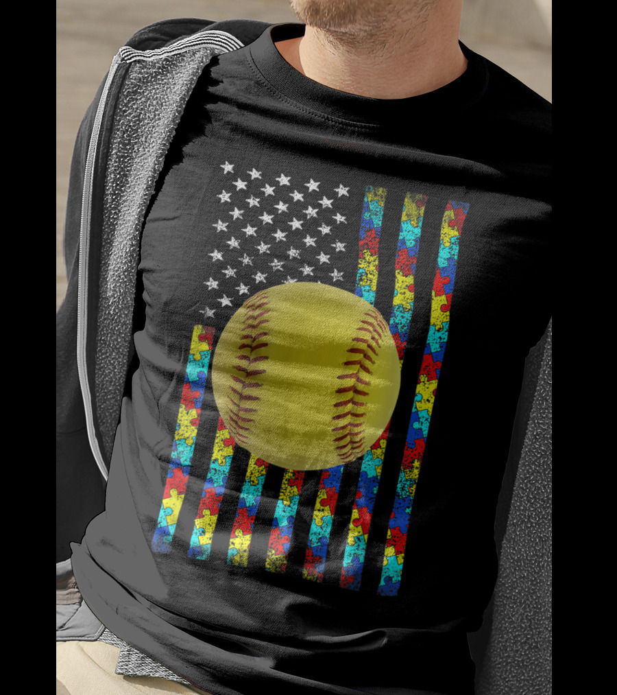 Autism Awareness American Flag Softball Puzzle Piece Stripes T-Shirt