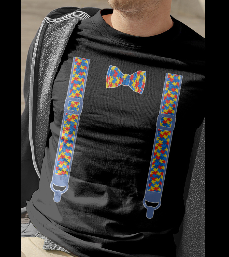 Autism Awareness Puzzle Piece Bow Tie And Suspenders T-Shirt