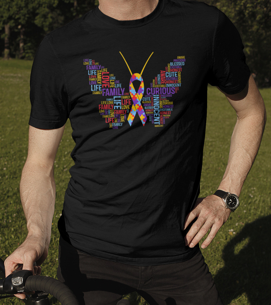 Autism Awareness Butterfly Puzzle Piece Family Life Love Curious Innocent T-Shirt