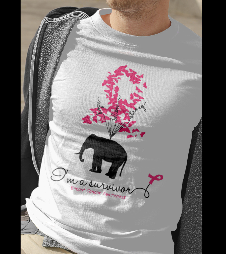 I'm A Survivor Breast Cancer Awareness Pink Ribbon Butterfly Elephant T-Shirt