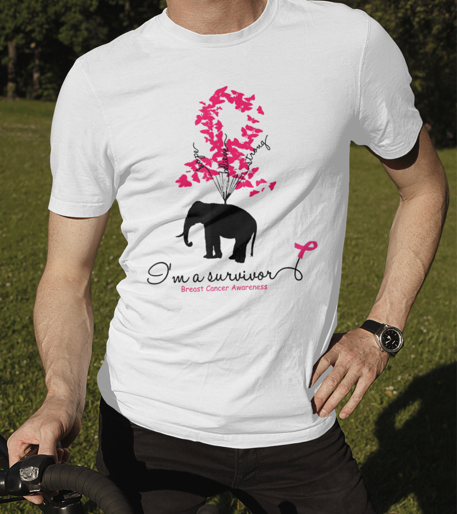 I'm A Survivor Breast Cancer Awareness Pink Ribbon Butterfly Elephant T-Shirt