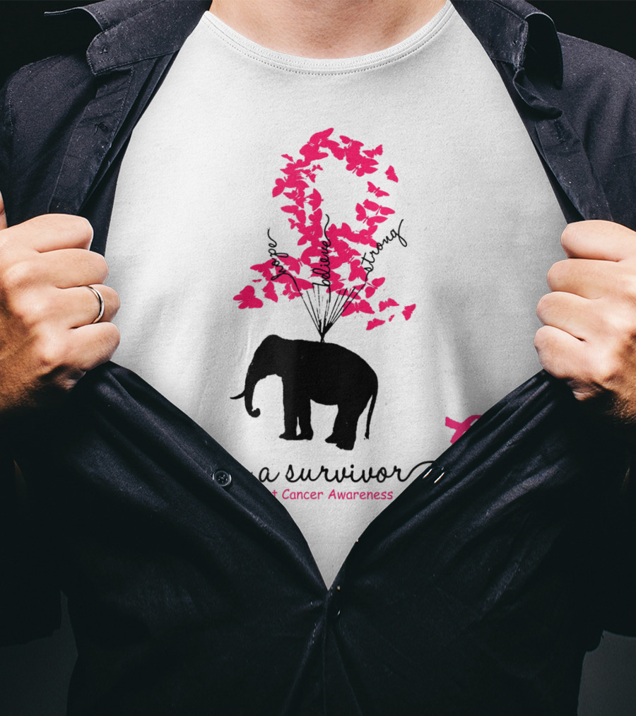 I'm A Survivor Breast Cancer Awareness Pink Ribbon Butterfly Elephant T-Shirt