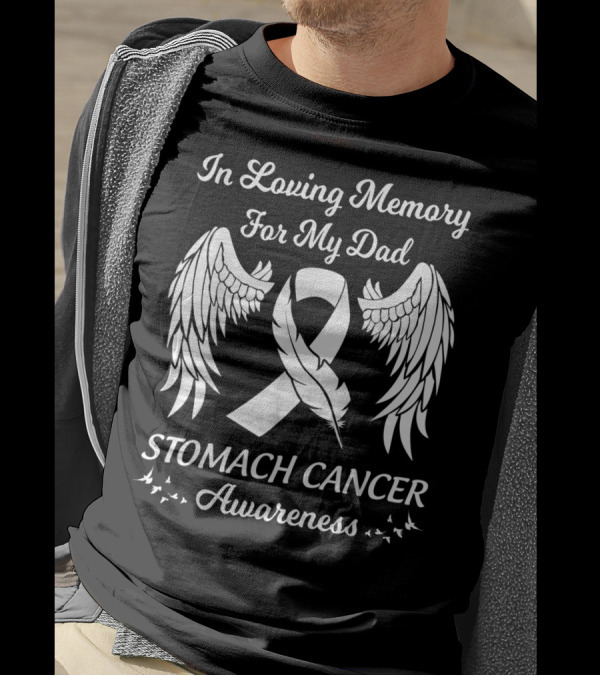 In Loving Memory For My Dad Stomach Cancer Awareness Wings Ribbon Feathers T-Shirt