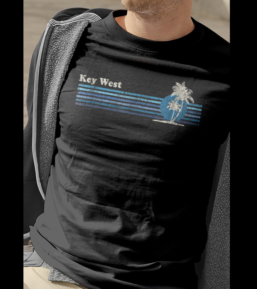 Key West FL Vintage 80s Palm Trees Sunset Retro Blue Stripes T-Shirt