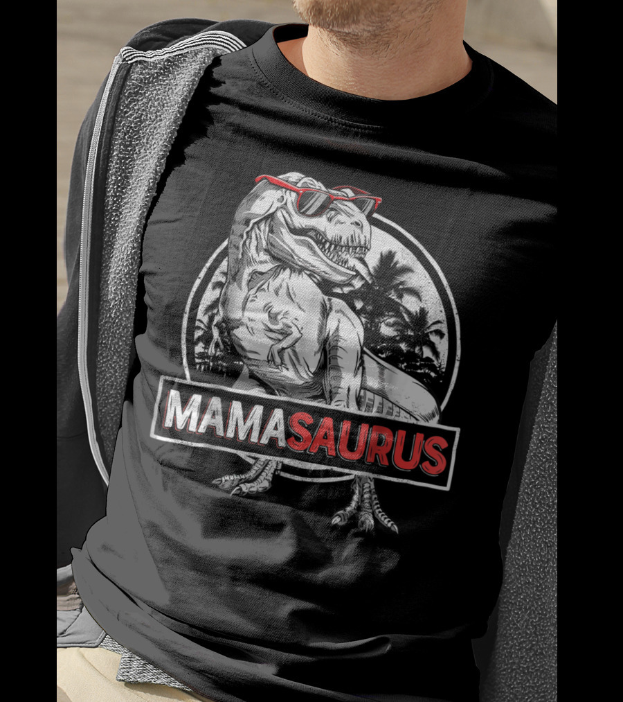 Mamasaurus Rex Dinosaur With Sunglasses And Palm Trees T-Shirt