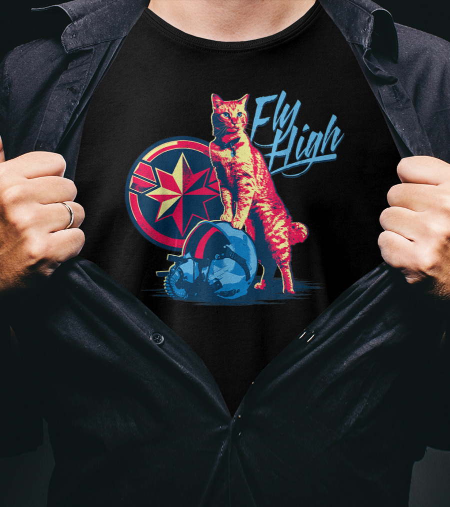 Captain Marvel Fly High Goose Cat Helmet Star T-Shirt