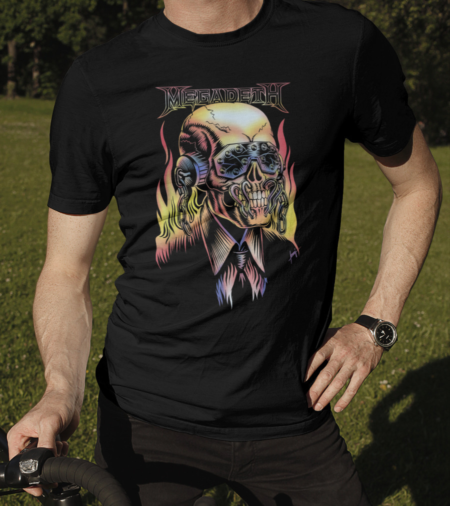 Megadeth Vic Rattlehead Flames Skull T-Shirt
