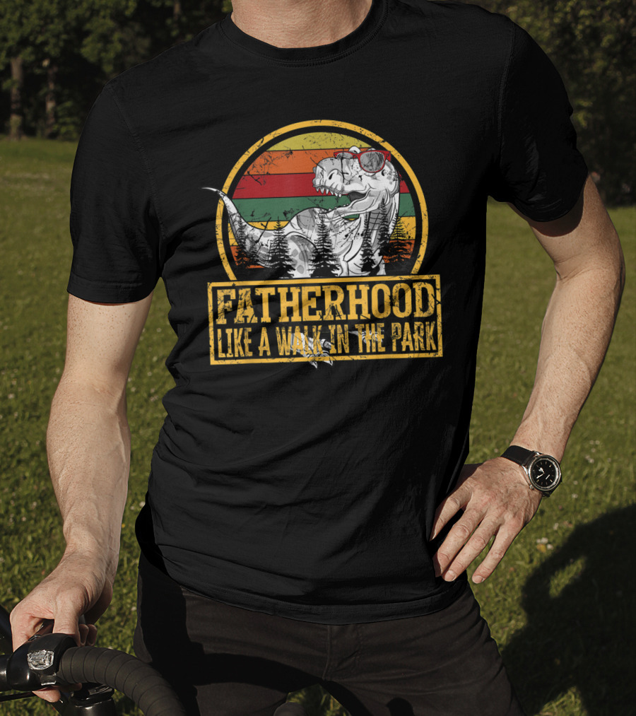 Fatherhood Like A Walk In The Park Dinosaur Theme With Retro Sunset And Trees T-Shirt