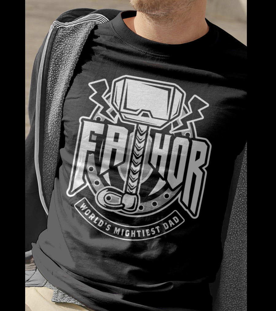 Mens Fathor World's Mightiest Dad Funny Cool Vik Hammer And Lightning T-Shirt
