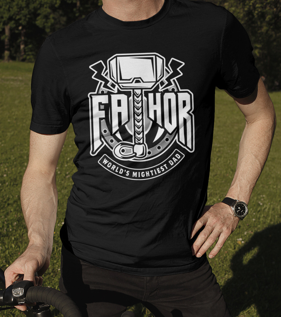 Mens Fathor World's Mightiest Dad Funny Cool Vik Hammer And Lightning T-Shirt