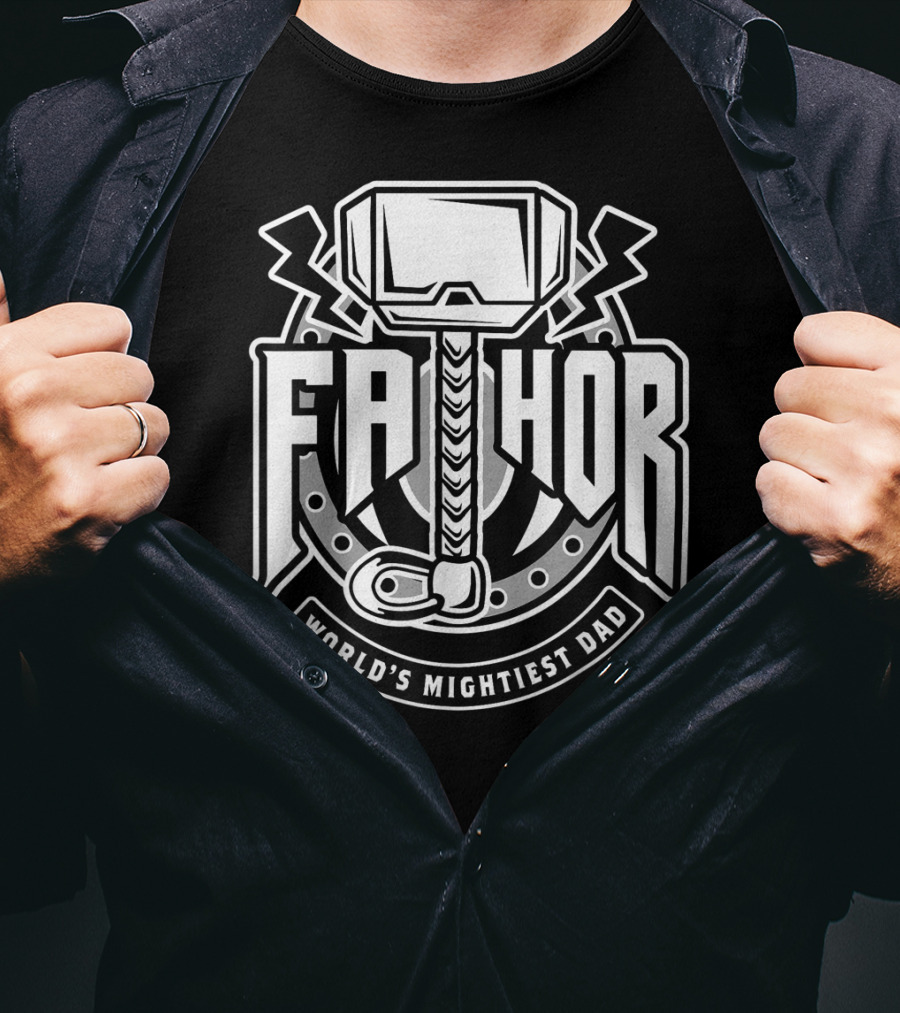 Mens Fathor World's Mightiest Dad Funny Cool Vik Hammer And Lightning T-Shirt