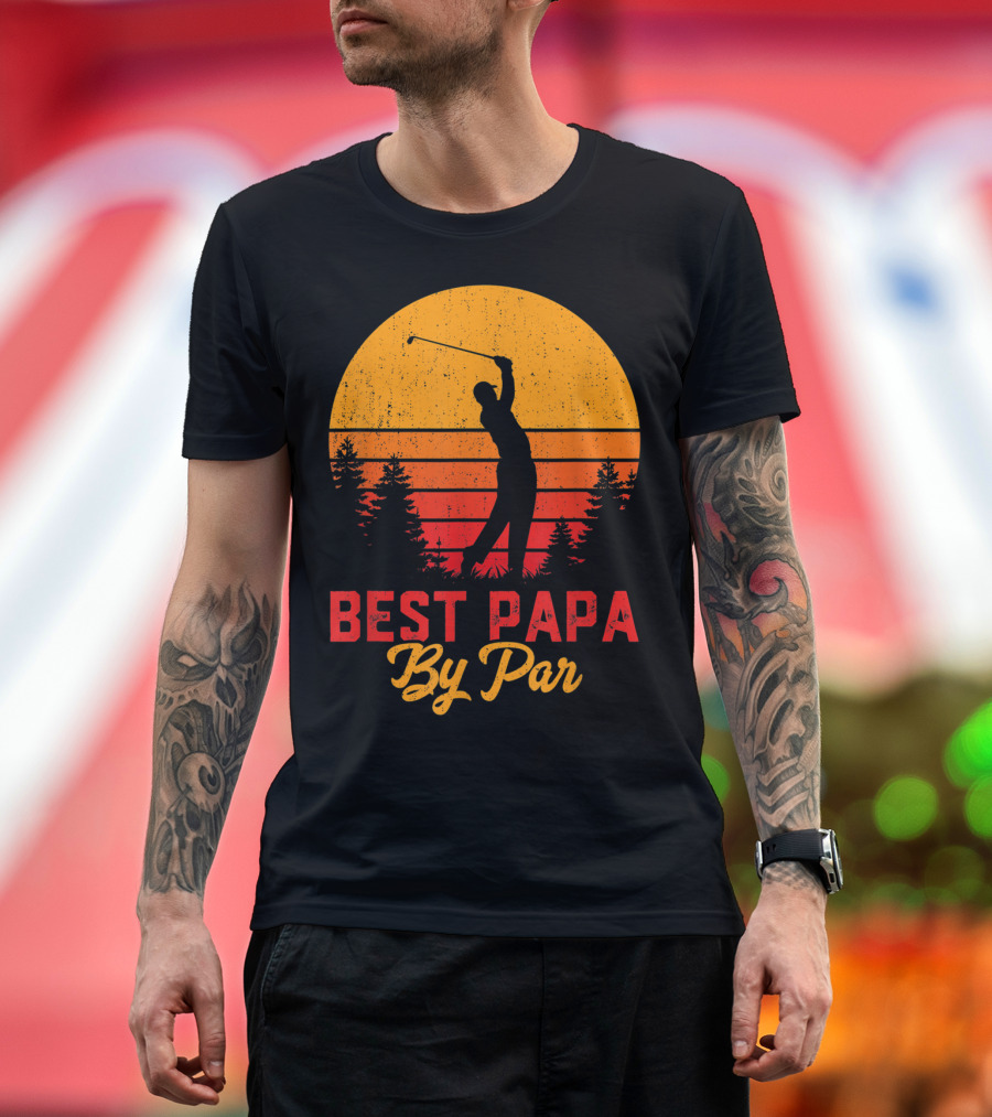 Mens Funny Father's Day Best Papa By Par Golf Silhouette Sunset T-Shirt