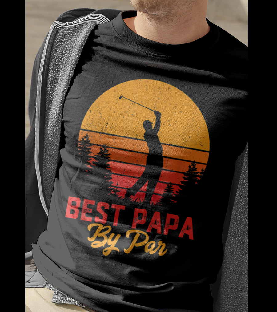 Mens Funny Father's Day Best Papa By Par Golf Silhouette Sunset T-Shirt