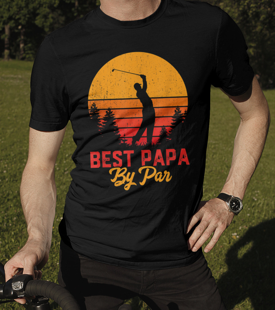 Mens Funny Father's Day Best Papa By Par Golf Silhouette Sunset T-Shirt