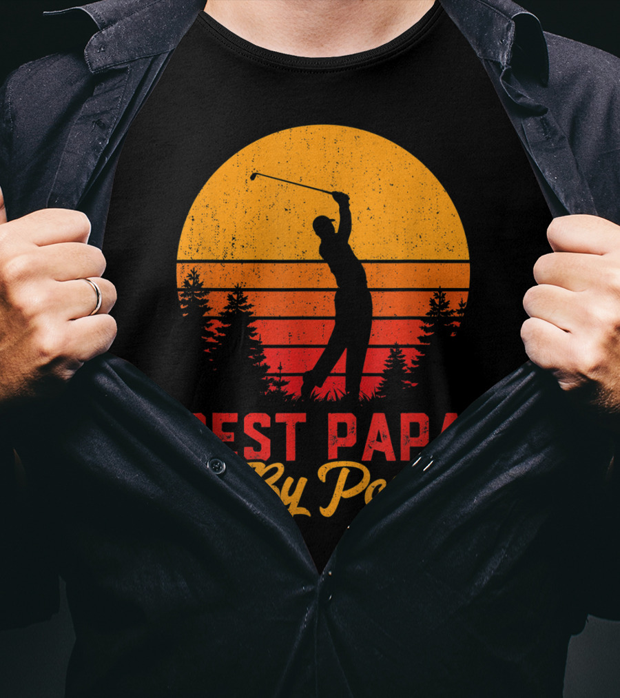 Mens Funny Father's Day Best Papa By Par Golf Silhouette Sunset T-Shirt