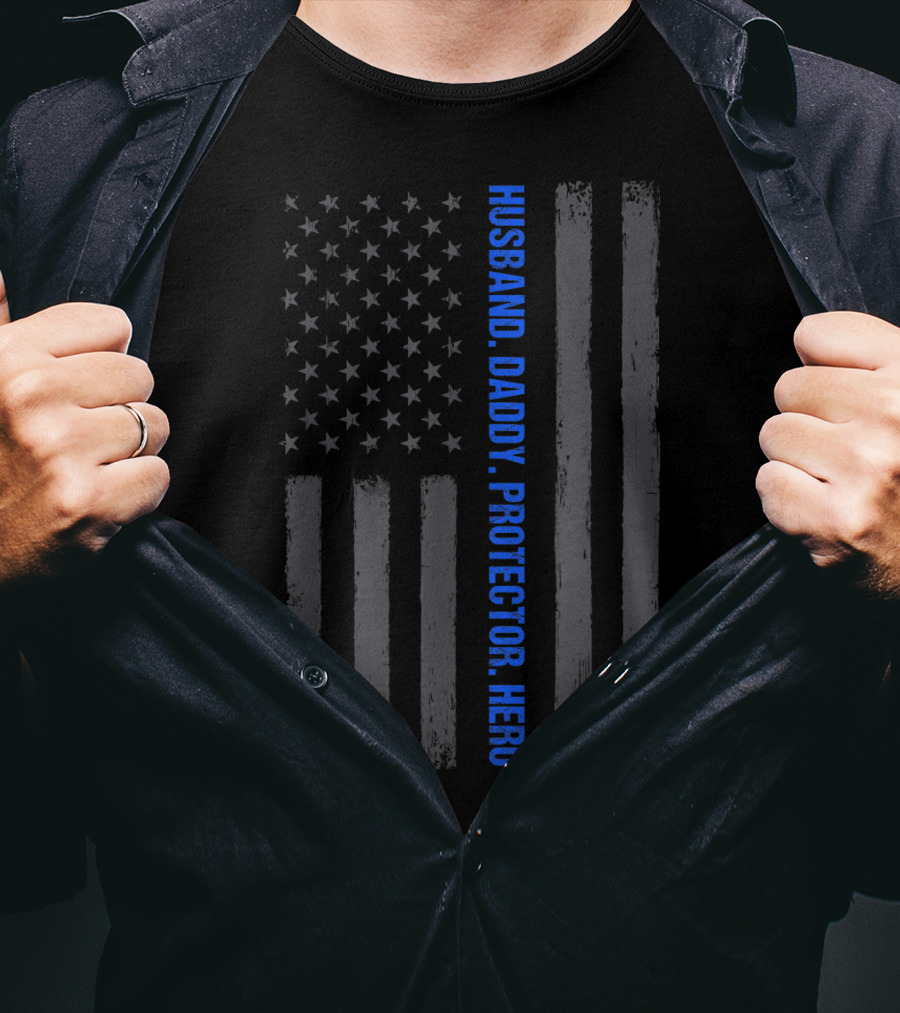 Husband Daddy Protector Hero Mens Thin Blue Line Flag T-Shirt