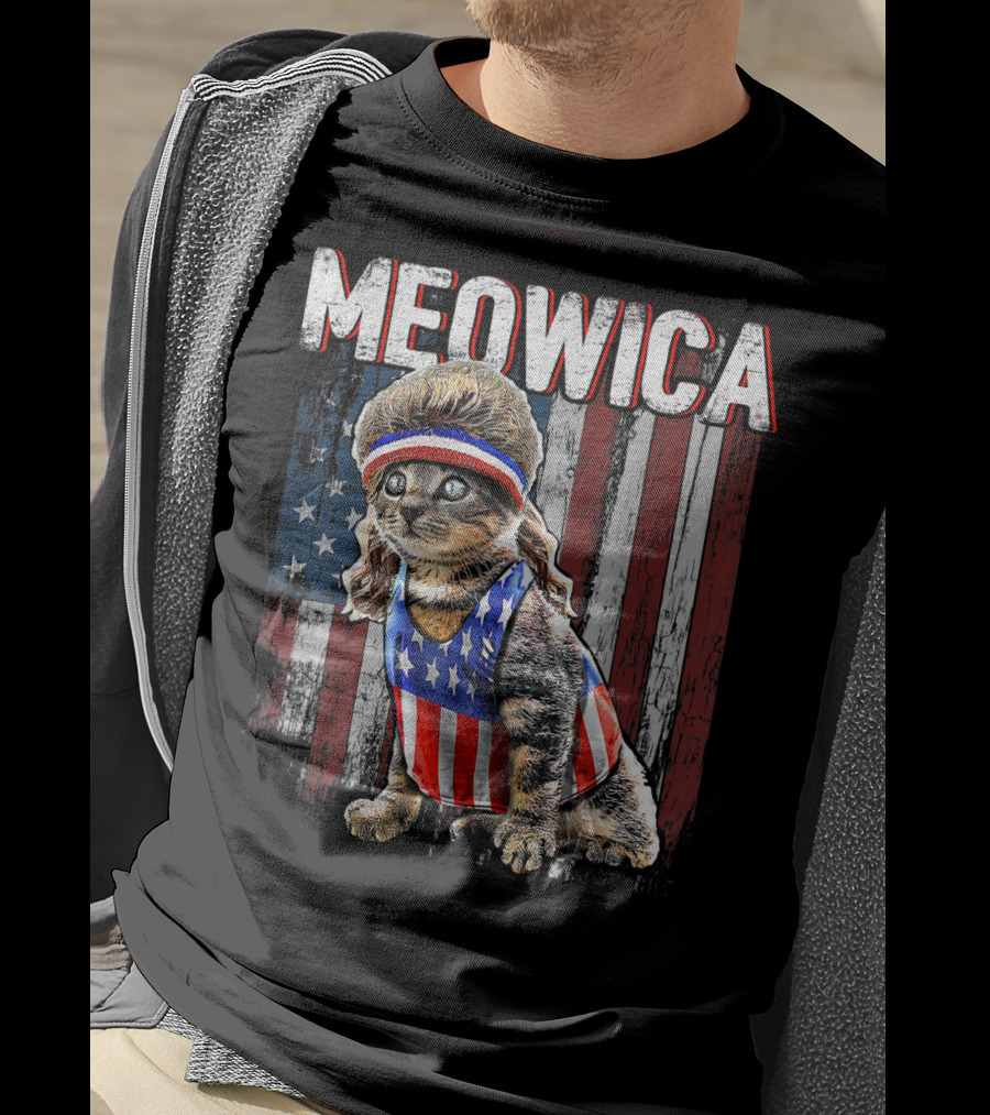 Meowica Cat Mullet American Flag Patriotic Kitten In Stars And Stripes Vest And Headband In Front Of American Flag T-Shirt